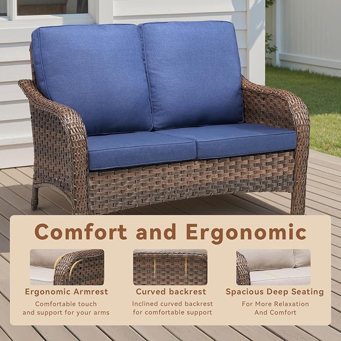 6 PCS Patio Furniture Set, Outdoor Wicker Loveseat & 2 Swivel Rocking Chairs with 2 Ottomans & Side Table, 4-Inch Thick Olefin Cushions, 300 lbs Capacity Rattan Conversation Set for Porch, Blue
