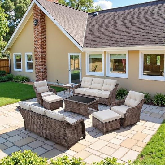 Belord High Back Wicker Outdoor Furniture - 8-Piece Patio Conversation Set with Swivel Rocker Glider Patio Chairs Set of 2 and Rattan Couch, Coffee Table and Ottoman for Lawn Backyard Porch Garden