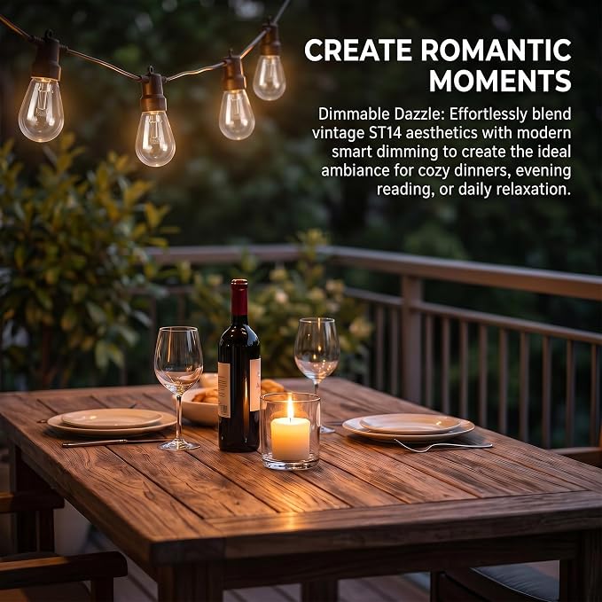 Outdoor String Lights 100FT, RGBW Clear ST14 Bulbs with App Control | 40 ST14 clear bulbs from 2×50FT connected strands with app control, remote control, music mode, timer for large spaces