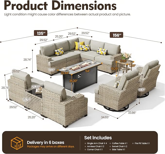 HOOOWOOO Sectional Patio Furniture Set with Fire Pit Table,12 Pieces Wicker Outdoor Furniture L Shaped Couch,Outside Conversation Set Extra Deep Sofa Wide Arm Swivel Chairs Solar Light,Dark Gray