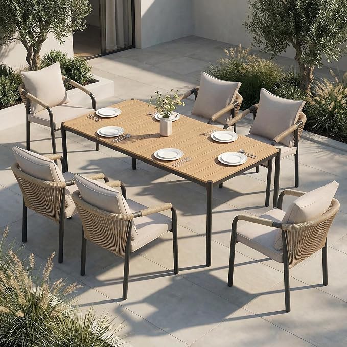 SUNSITT 7 Piece Outdoor Patio Dining Set, Patio Dining Furniture Set with 70” Metal Dining Table w/WPC Tabletop and 6 Woven Rope Patio Chairs w/Curved Armrest for Garden, Beige