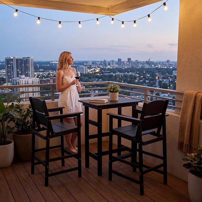 4 Pack HDPE Outdoor Bar Height Chairs, 28.5" All-Weather Patio Stools with Comfortable Armrests, Heavy-Duty Poly Wood High Top Seating for Outdoor Kitchen/Garden/Fire Pit/Backyard, Black