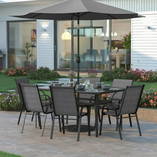 EMMA + OLIVER Bartlett 7-Piece Outdoor Dining Set, Patio Table with Tempered Glass Top and Umbrella Hole, 6 Flex Comfort Textilene Stack Chairs, 60", Gray/Black