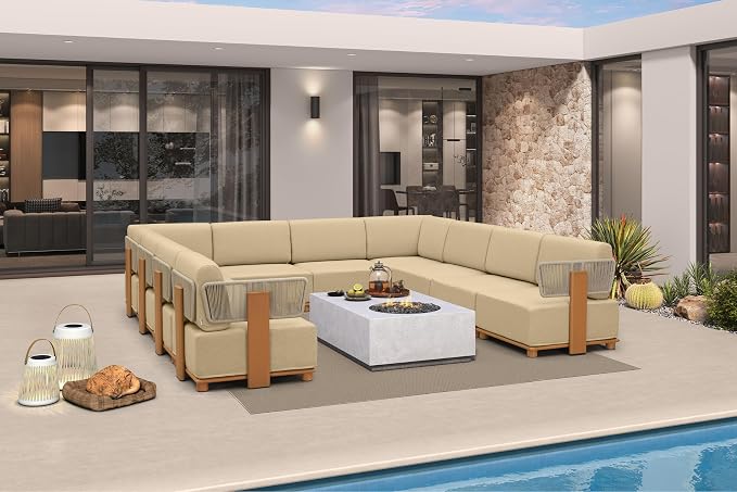 PURPLE LEAF Patio Furniture Set Modular U-Shaped Outdoor Sectional Sofa with 11" Thick Olefin Cushion 10-Piece Outdoor Conversation Set with White Lights for Patio Backyard Garden Poolside, Beige