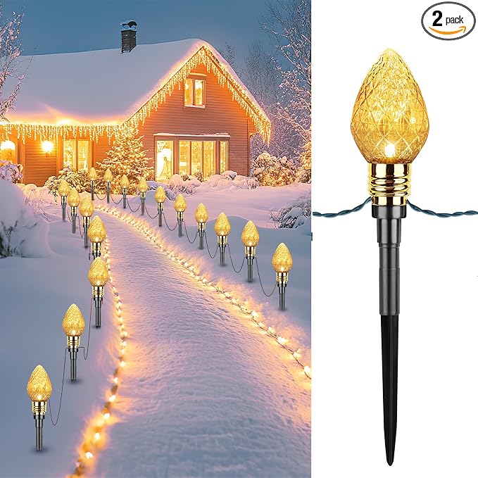 2 Pack Strawberry C9 Christmas Pathway Lights Outdoor, Total 34.8FT 20 LED | Connectable Christmas Walkway Light, Waterproof Christma Lights Outdoor Decorations for Yard Lawn Holiday Outside, Warm White