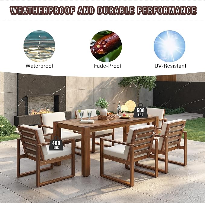 Outdoor Patio Dining Table and Chairs Set for 6, 7 PCS Patio Furniture Set | Outdoor Dining Set for 6 with Umbrella Hole, Wood Frame with Removable Cushion for Garden, Backyard, Lawn and Poolside