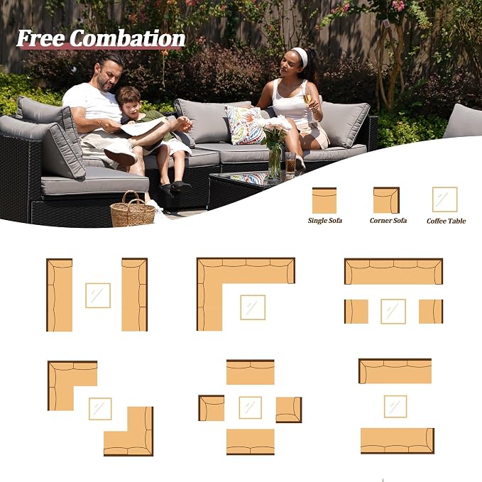 7 Piece Outdoor Sectional Outdoor Patio Furniture Set, Outdoor Patio Furniture Set with Coffee Table, Sectional Couch Sofa with Cushions, Wicker Outdoor Conversation Set for Backyard & Garden, Beige