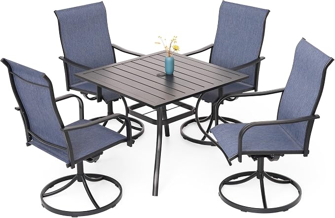 Outdoor Navy Blue Swivel Chairs and 35" Square Table Patio Dining Set of 5 | High Back, Curved Armrest, Textilene Fabric, All Weather, Rocking, Swivel Chairs, 35'' Square Table, Metal Top and Frame