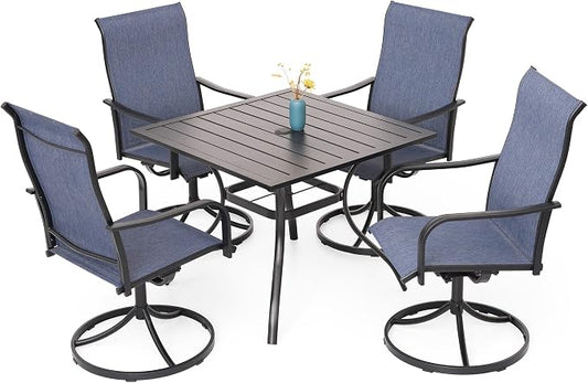 Outdoor Navy Blue Swivel Chairs and 35" Square Table Patio Dining Set of 5 | High Back, Curved Armrest, Textilene Fabric, All Weather, Rocking, Swivel Chairs, 35'' Square Table, Metal Top and Frame