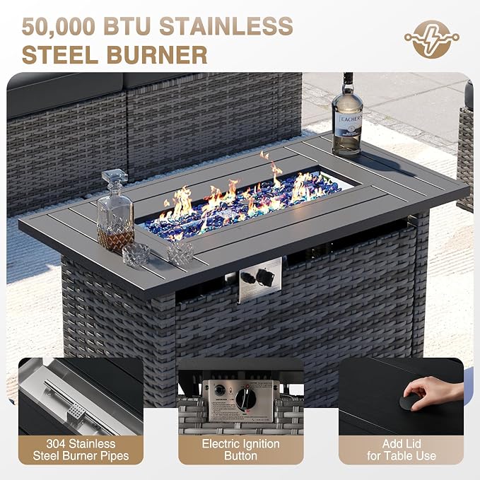Aoxun Patio Furniture Sets, 9-Piece Outdoor Patio Furniture with 44'' Propane Gas Firepit Table and 11FT X 11FT Cantilever Umbrella, Wicker Outdoor Conversation Set for Backyard
