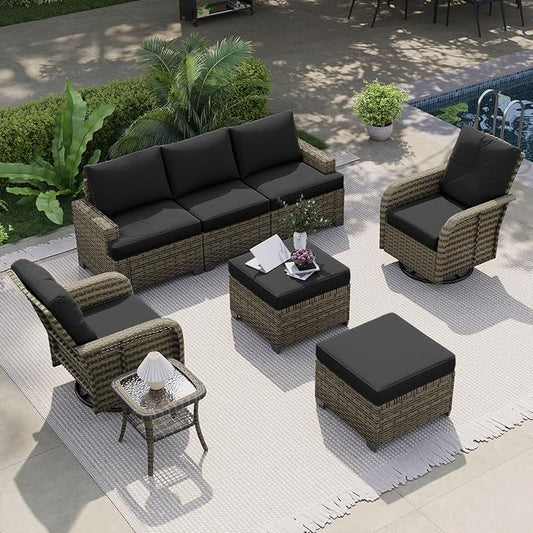 LET'S PATIO Luxury Patio Furniture Set，8 Piece Outdoor Furniture Sectional Set with Swivel Rocker Chairs of 2，All-Weather Patio Sectional Sofas with Thickened Cushions, Black