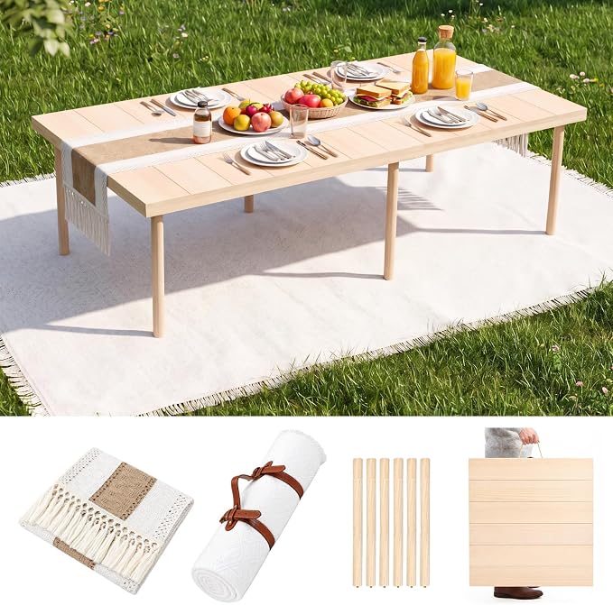 60" x 30" Boho Folding Picnic Table Set with Blanket and Runner, Extra Stable Low Wooden Table, Adjustable Height Portable Floor Seating for 4-6 People, Wedding Photoshoot Beach Camping Party