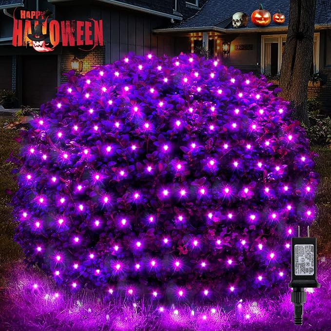 BlcTec Halloween Net Lights, 200 LED 8.4ft x 5.2ft Purple Halloween Lights with 8 Modes, Timer, Connectable, Waterproof and Green Wire Design for Trees, Bushes Outdoor Decorations
