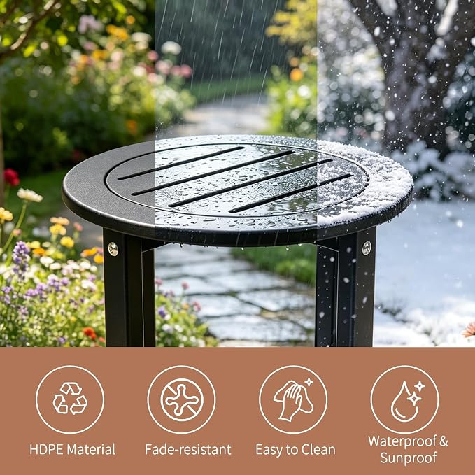 Small Outdoor Side Table 15.94" HDPE Round Adirondack End Table | Storage Shelf, Plant Stand, Weather Resistant, Easy to Clean & Use, Not prone to fading, for Patio, Backyard, Deck, Black