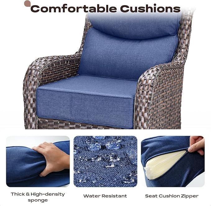 Rilyson Outdoor Patio Furniture Set - Weather Resistant Wicker,High Back,6 inch Cushions,3 Piece Patio Bistro Set with Swivel Rocker Chairs and Side Table for Deck Porch Yard,Brown/Blue