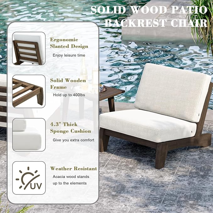 2 Piece Wood Patio Chair Outdoor Bistro Set, All Weather Outdoor Furniture Patio Sofa Chair Backyard Seating Group Conversation Sets with Cushions, Beige