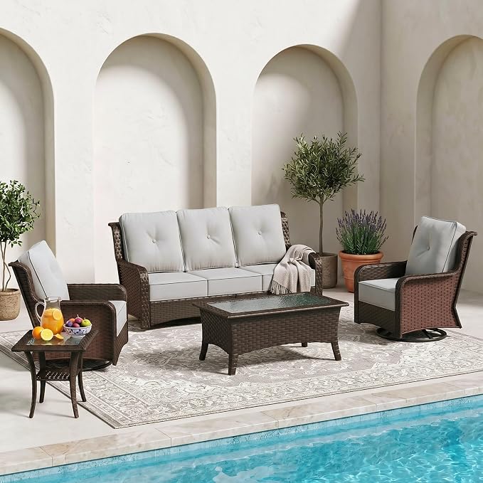 Sundale Outdoor 5 Piece Wicker Patio Furniture Set, High Back Outdoor Couch with Swivel Chairs & Coffee Table, 6" Thick Cushion Patio Conversation Sets with Deep Seating for Yard, Deck (Grey)
