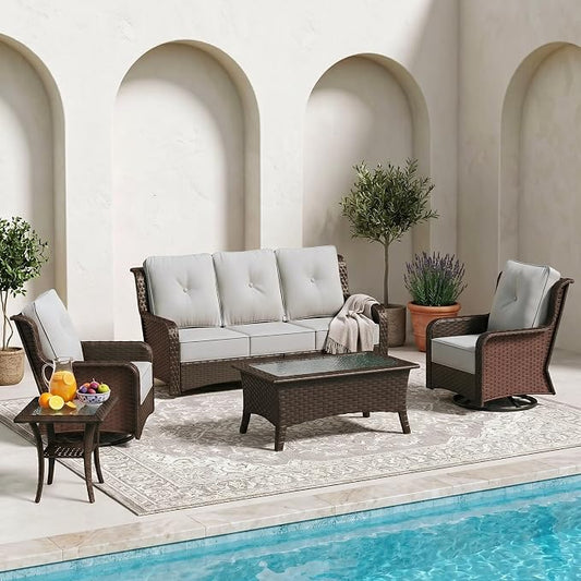 Sundale Outdoor 5 Piece Wicker Patio Furniture Set, High Back Outdoor Couch with Swivel Chairs & Coffee Table, 6" Thick Cushion Patio Conversation Sets with Deep Seating for Yard, Deck (Grey)
