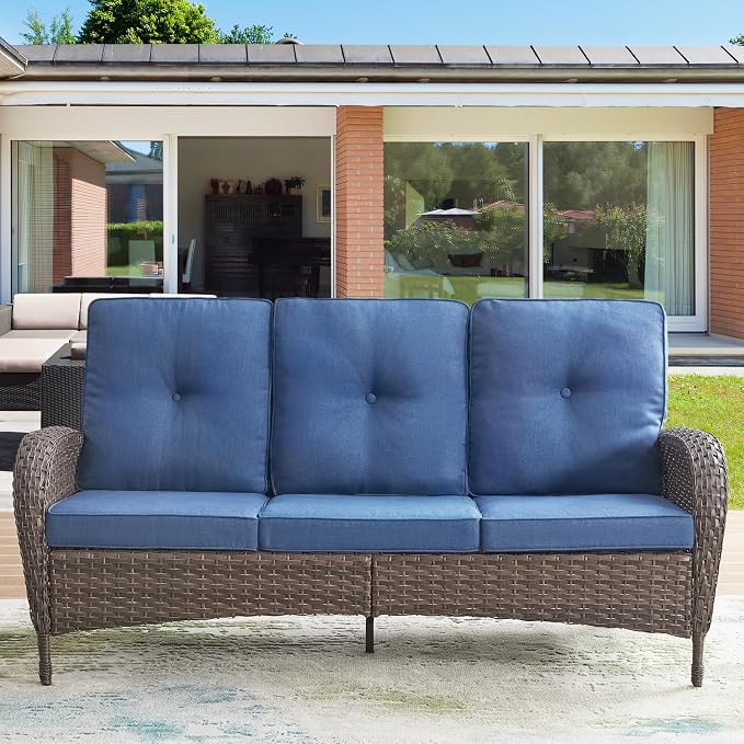HUMMUH Outdoor Patio Couch with Thick Cushions Patio Sofa for Deck Lawn Porch Balcony Poolside-Brown/Blue