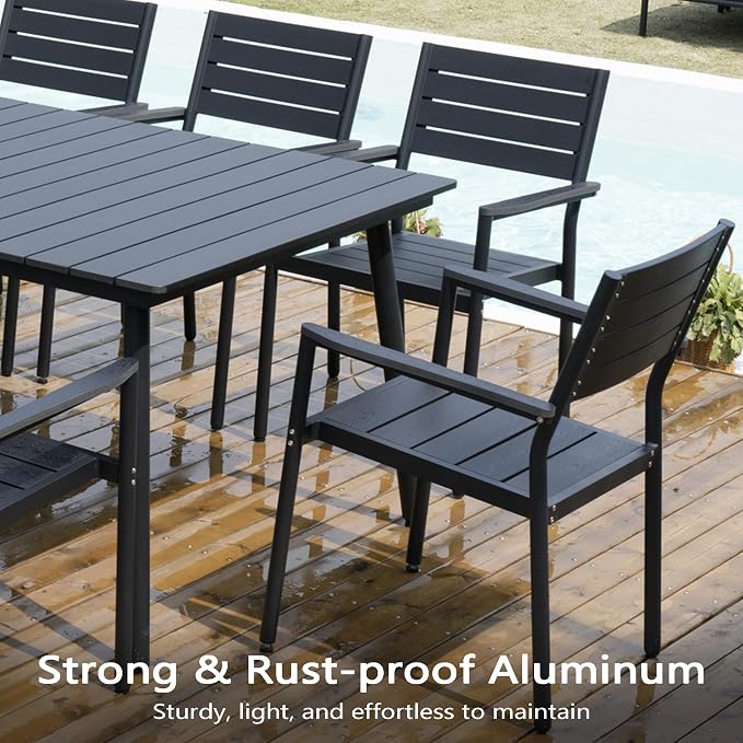 95" Patio Outdoor Dining Table for 8-10, Weather-Resistant Wood-Grain Top with Aluminum Frame & Umbrella Hole for Deck Gatherings, Black