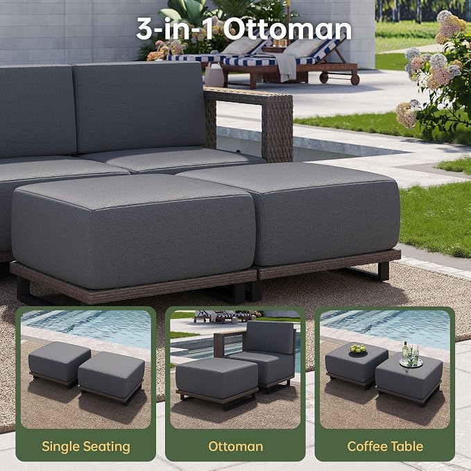 Aoxun Patio Furniture Set, 8 Piece Outdoor Wicker Sectional Sofa Set, All-Weather Rattan with 10'' Ultra-Thick Cushions, Outdoor Conversation Set for Backyard, Poolside and Garden, Brown/Dark Gray