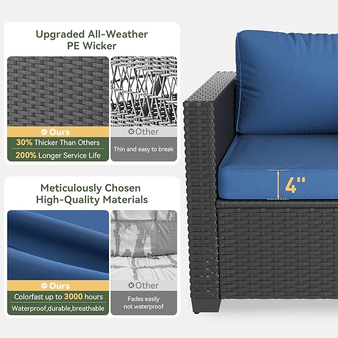 Aoxun 7 Piece Patio Furniture Set with Fire Pit Table, 10 Seats Outdoor Furniture Set with Wicker Ottomans, Rattan Outdoor Sectional Sofa with Thickened Cushion & Waterproof Cover Navy Blue