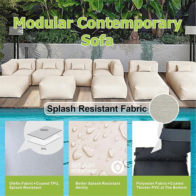 Dineli ANNYH Patio Modern Outdoor Furniture Sectional Conversation Set - Combines 2Lounger 2Middle 2Corner 3Ottoman Exp Foam Filled Chairs.A Unique Modular Contemporary Sofa (Light Beige)