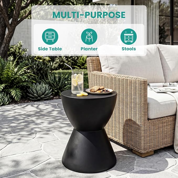 SUNBURY Outdoor Side Table Concrete, 19" H Outdoor End Tables Geometric Hourglass Shaped, Lightweight Round Accent Table, Decorative Modern Garden Stool for Patio, Backyard, Black
