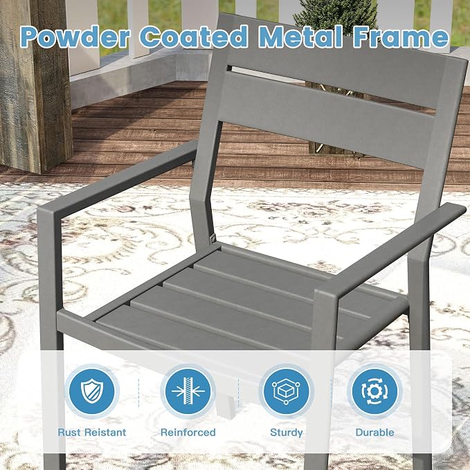 DIFY 5 Piece Outdoor Patio Dining Set for 4, 40.6" Round Dining Table with Umbrella Hole and Stackable Metal Chairs, Patio Table and Chairs Set for Backyard Garden Poolside, Grey Wood-Like & Grey