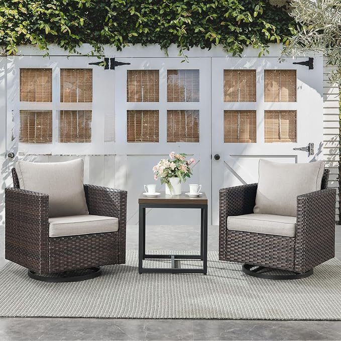 Belord Outdoor Bistro Set 3 Piece Wicker Swivel Rocker Patio Chairs, Oversize Outdoor Rattan Seating Set, Patio Swivel Glider Chairs Wicker Furniture with Metal Side Table for Porch Backyard, Brown