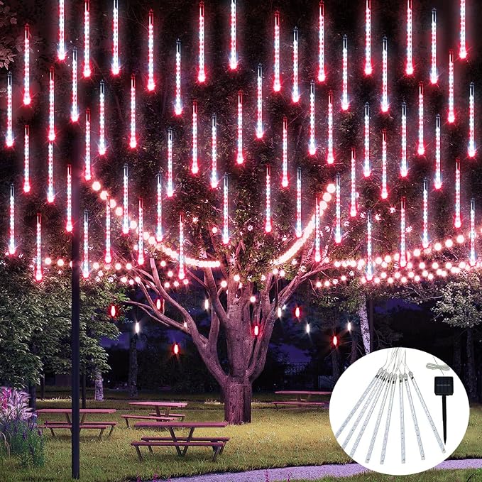 JMEXSUSS Red and White Solar Meteor Shower Rain Lights | 8 Tube 144 LED Solar Christmas Lights for Party Holiday Yard Patio Decorations