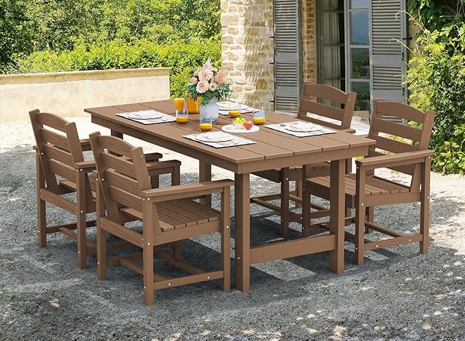 SERWALL 7 Pcs Outdoor Dining Set, 1 Umbrella Hole Table & 6 Chairs, Brown | HDPE Outdoor Dining Furniture with Rectangular Table & 6 Chairs, All-Weather Resistant SERWALL Dining Set for 6