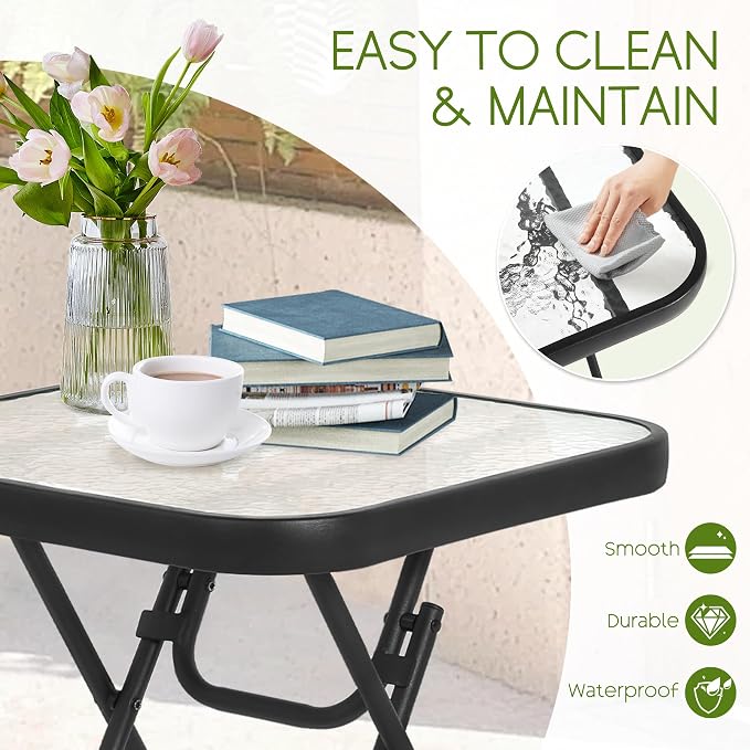 Folding Outdoor Side Table -Patio End Bistro Tables Portable Small 17.5" Square Tempered Glass Top Waterproof Dining Coffee Metal Black
