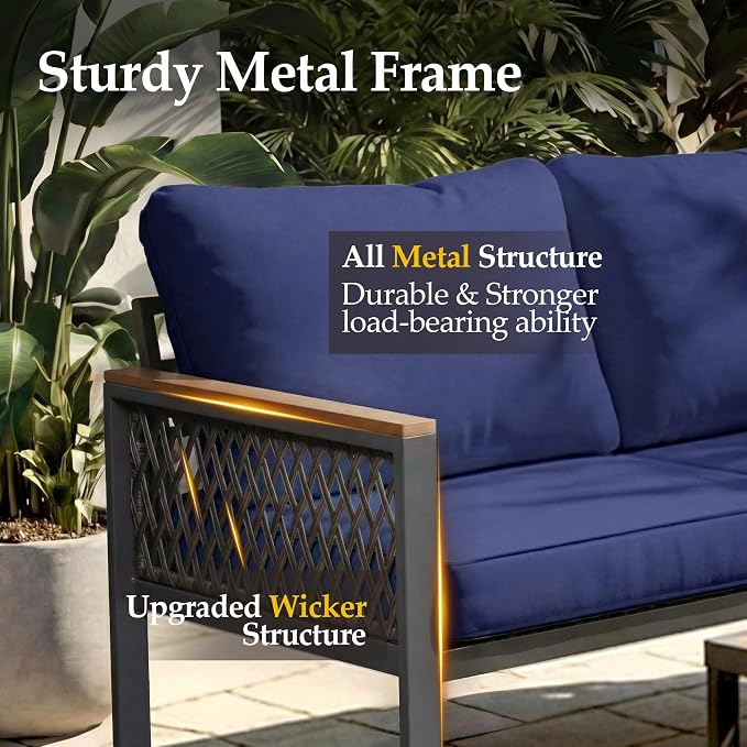 UPHA 7 Pieces Patio Furniture Set with 56" Propane Gas Fire Pit Table, Metal Outdoor Sectional Couch Set with Loveseat & 3-Seat Sofa, Modern Patio Conversation Set for Porch Balcony Deck, Navy Blue