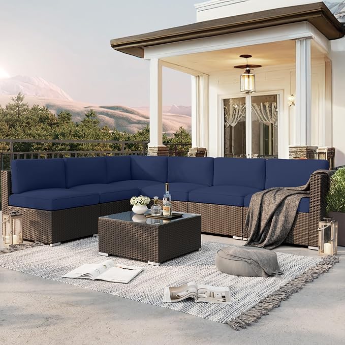 SUNCROWN 7-Piece Outdoor Patio Furniture Sofa Set All-Weather Wicker Sectional Conversation Set with Modern Glass Coffee Table and Cushions, Garden, Backyard, Deck,Dark Blue