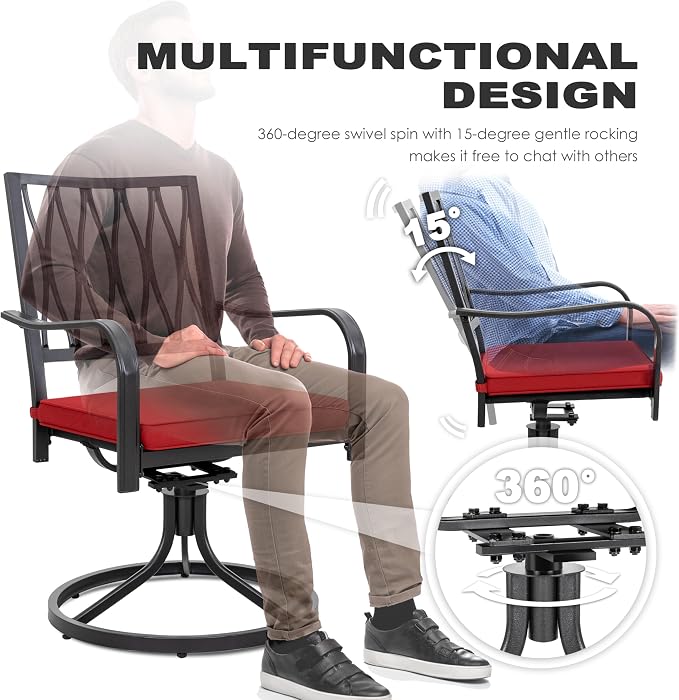NUU GARDEN 5 Piece Outdoor Dining Set, Outdoor Furniture Set for Square Iron Umbrella Dining Table and 4 Cushioned Swivel Chairs, Black and Red Cushion