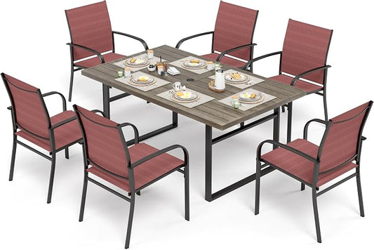 SUNSHINE VALLEY 7 Piece Patio Dining Set for 6, 64”Rectangular Wood-Like Dining Table with Umbrella Hole, 6 Metal Red Chairs, Outdoor Table and Chairs Set for Lawn Backyard and Deck