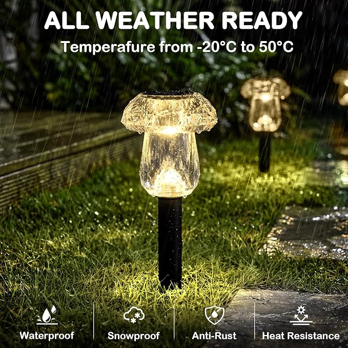 Solar Pathway Lights Outdoor 8 Pack 3000K Warm White Mushroom Decor | Waterproof Garden Outside Yard Walkway Landscape Path Lighting, LED Auto On/Off Decorations, Acrylic Diamond-like Lampshade
