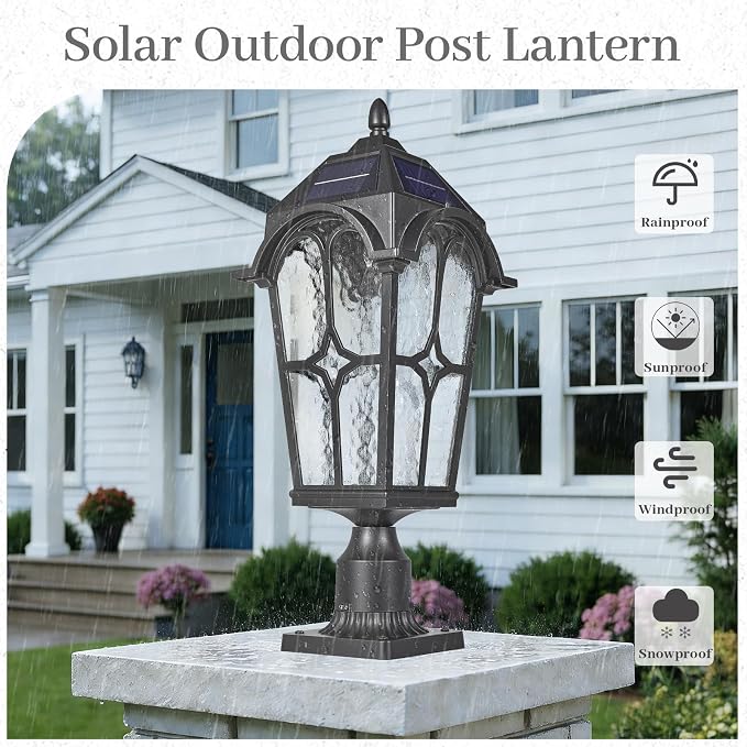 22 Inch Large Solar Post Light Outdoor, Dusk to Dawn Pier Mount Lamp, Sand Black Aluminum with Seeded Water Ripple Glass, Waterproof Solar Pole Light Fixture for Yard Garden Pillar Patio