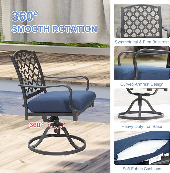 Domi Outdoor 7 pcs Patio Dining Set, Metal Dining Table, Swivel and Dining Chairs Conversation Set with Removable Navy Blue Cushions for Garden Lawn Yard