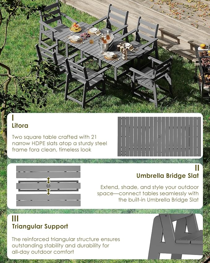 GREENVINES 7-Piece-Outdoor-Table-and-Chairs | HDPE | Patio Furniture | Dining Sets for 6 | Removable Armrests | All Weather | Connectable Tables | for Backyard Poolside Garden | Grey