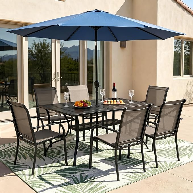 Crownland 7 Piece Patio Dining Set, Outdoor Textilene Dining Sets, 6 Textilene Metal Chairs and Rectangular Outdoor Dining Table with Dark Blue 9FT Round Outdoor Umbrella (Brown)