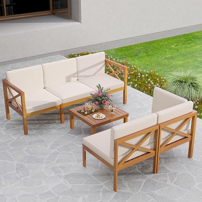 Tangkula 6 Pieces Acacia Wood Patio Furniture Set, Outdoor Sectional Conversation Set with Cushions and Coffee Table, L Shaped Corner Sofa Set for Garden, Porch, Poolside and Backyard (Off White)