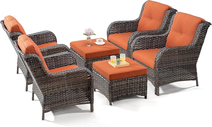 Wicker Chair Set 6 Pieces - Outdoor Wicker Patio Furniture Set with 4 Armchairs and 2 Ottomans, Olefin Cushions Included(Mixed Grey/Orange)
