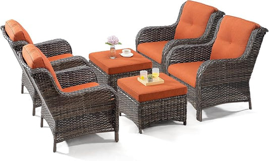 Wicker Chair Set 6 Pieces - Outdoor Wicker Patio Furniture Set with 4 Armchairs and 2 Ottomans, Olefin Cushions Included(Mixed Grey/Orange)