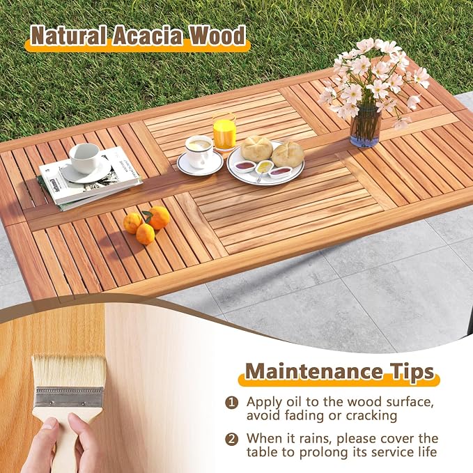 Patio Dining Table for 6 Persons, Acacia Wood Dining Table with 1.9" Umbrella Hole, Slat Tabletop & Metal Frame, Outdoor Dining Table Deck Furniture for Backyard & Lawn