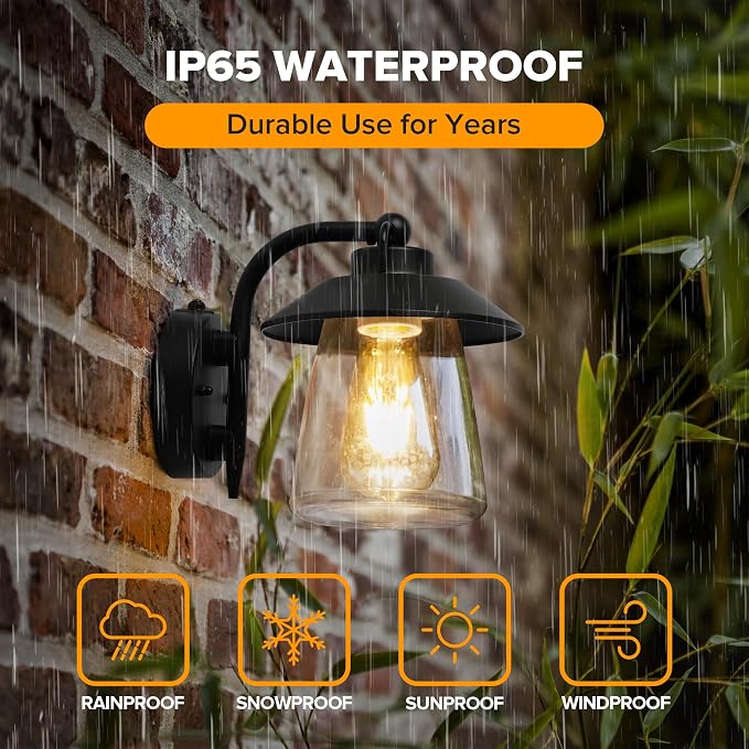 LUTEC 2 Pack Dusk to Dawn Outdoor Indoor Exterior Light Fixture, Farmhouse Barn Wall Sconce, Matte Black Finish Anti-Rust Wall Mount Light, Waterproof Wall lamp with Clear Glass for Porch, Patio