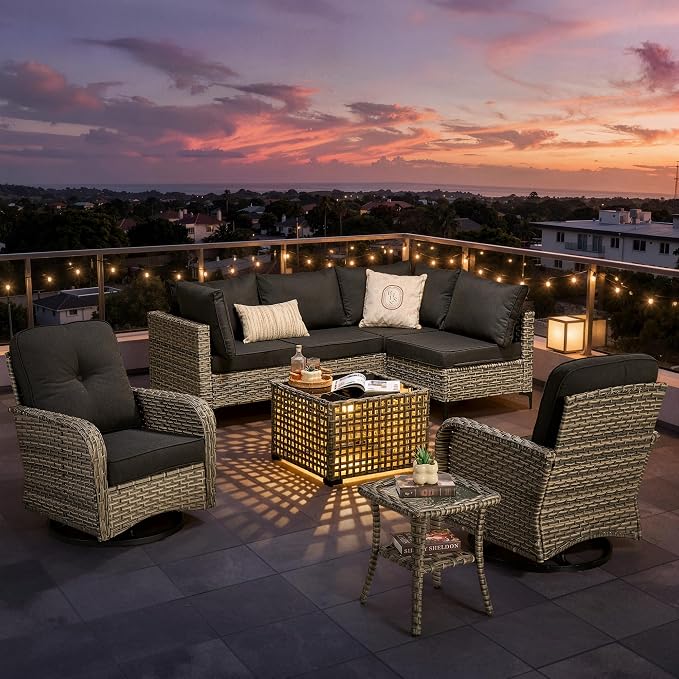8 Pieces Patio Furniture Set, Outdoor Conversation Set with 360° Swivel Rocker Chairs, Wicker Sectional Sofa & Solar Powered Lighted Table, High Back Outdoor Furniture for Backyard & Deck, Black