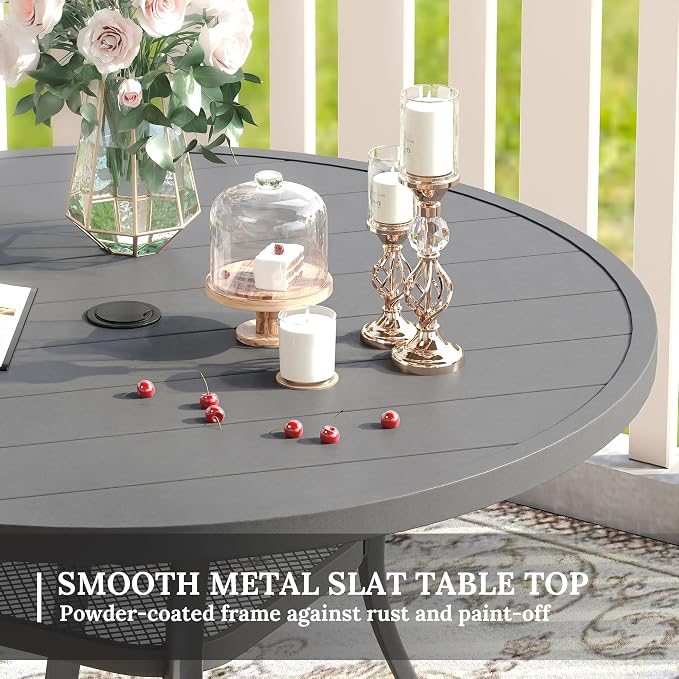 VICLLAX 47.2" Outdoor Round Patio Table for Lawn Garden, All Weather Metal Round Outdoor Dining Table with Adjustable Umbrella Hole, 6 Person Patio Table, Grey