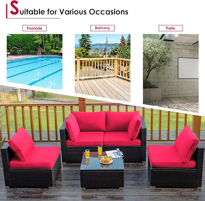 COSTWAY 5-Piece Outdoor Patio Furniture Set, PE Rattan Sofa Chairs with Cushions and Tempered Glass Coffee Table, Conversation Sofa Set for Backyard Garden (Red)